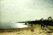Eugene Jansson kustlandskap med figurer och hund pa sandstrand France oil painting artist